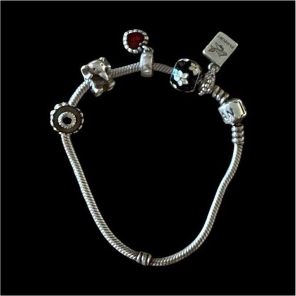 Authentic Pandora 8” Sterling Silver Snake Chain Bracelet w/ 5 Charms